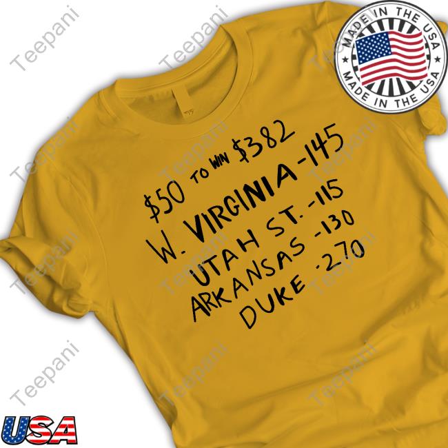 $50 To Win $382 W. Virginia -145 Utah St.- 115 Arkansas-110 Duke -270 Sweaters